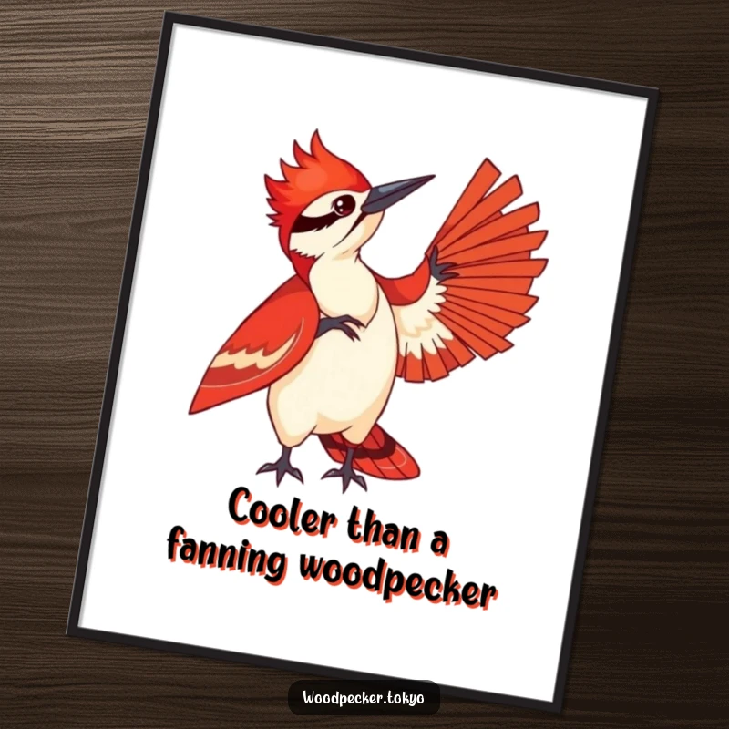 Funny Free Printable Wall Art depicting a woodpecker in a striking red kimono playfully fanning itself.