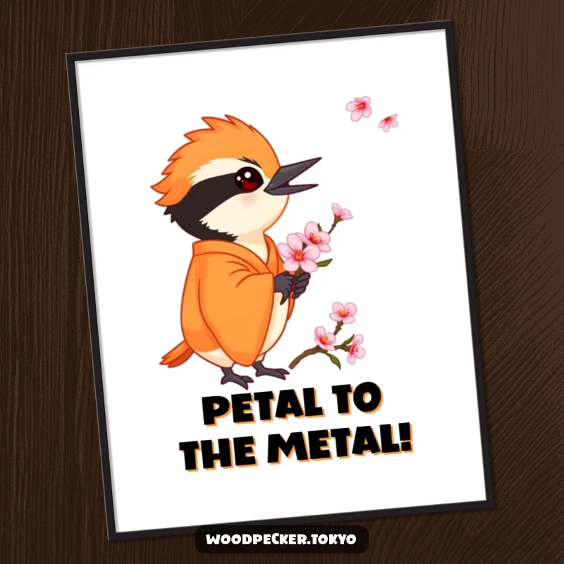 Funny Free Printable Wall Art: A woodpecker in an orange kimono holds a tiny, delicate cherry blossom.