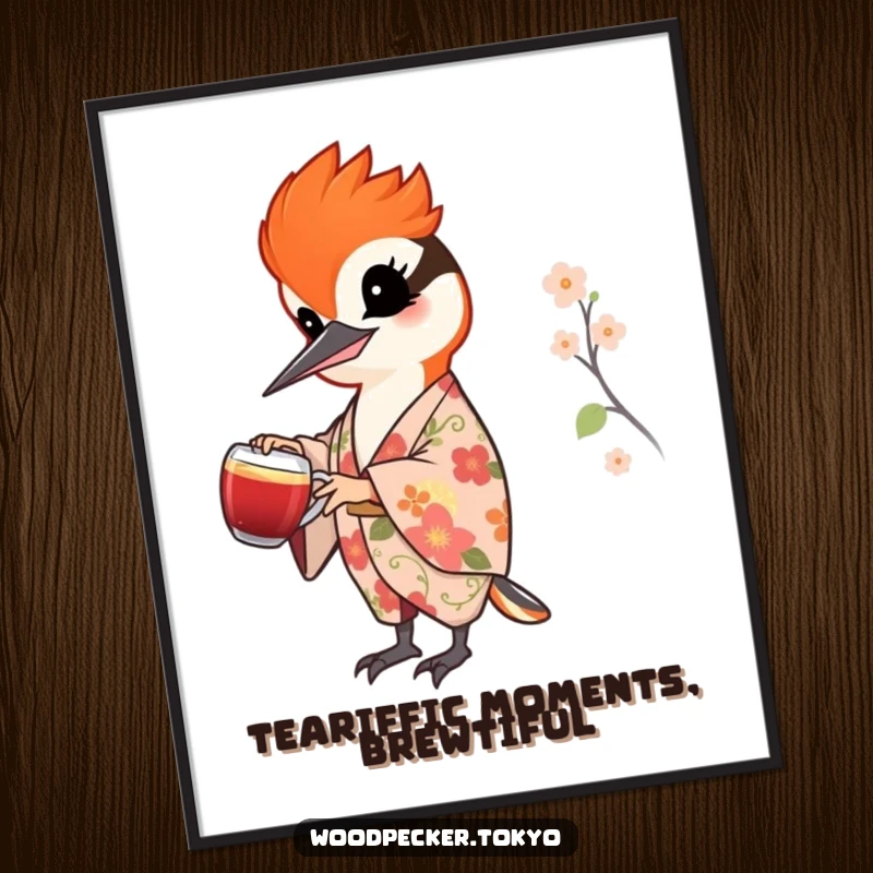 Funny Free Printable Wall Art depicting a cheerful woodpecker in a floral kimono elegantly pouring tea.