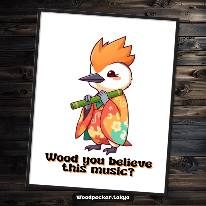 Funny Free Printable Wall Art depicting a kawaii woodpecker in a vibrant kimono playing a bamboo flute whimsically.