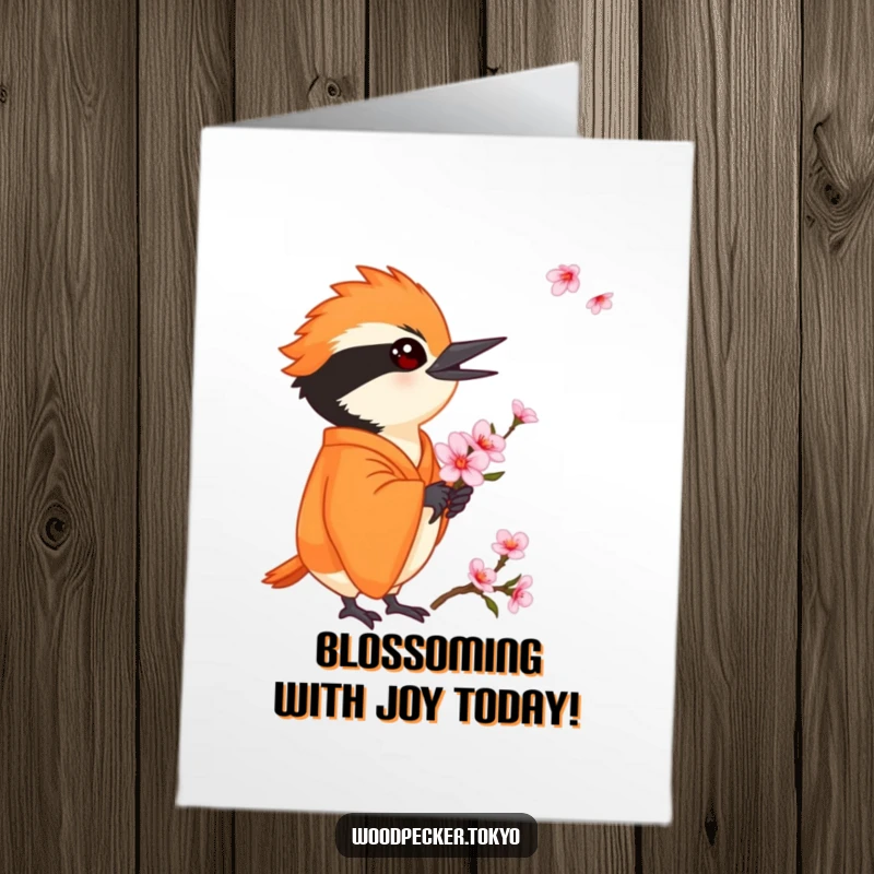 Funny Free Printable Birthday Card: A woodpecker in an orange kimono delicately holds a tiny cherry blossom.