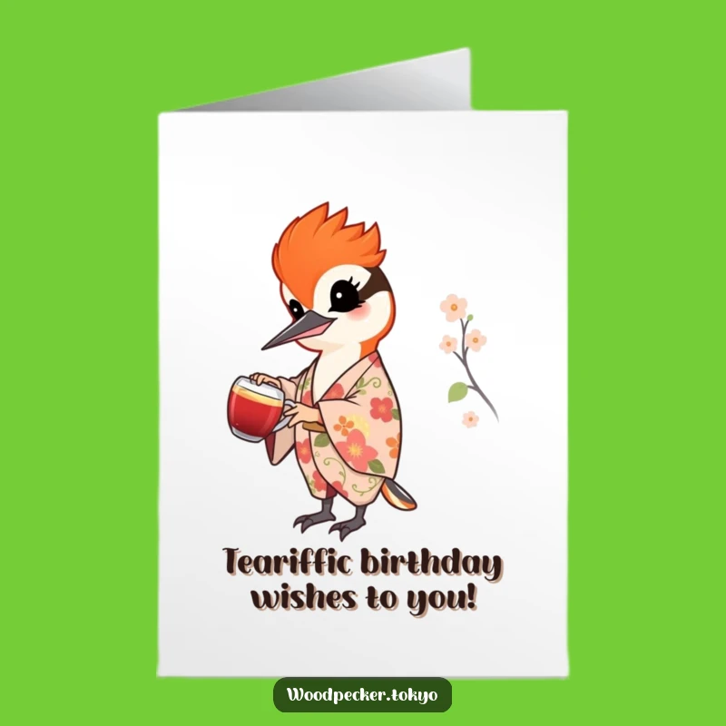 Free Printable Birthday Card: Tea Pouring Woodpecker, Elegant Downloadable Gift!