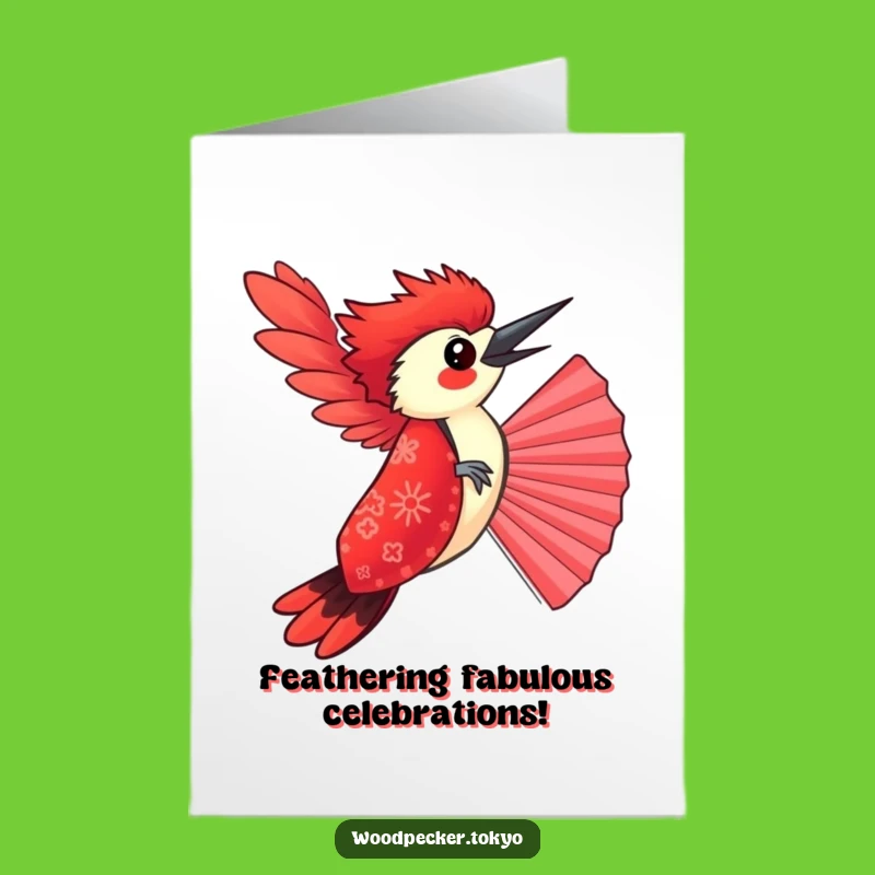 Free Printable Funny Woodpecker Birthday Card: Red Kimono Fan Balance Joyful Downloadable Gift