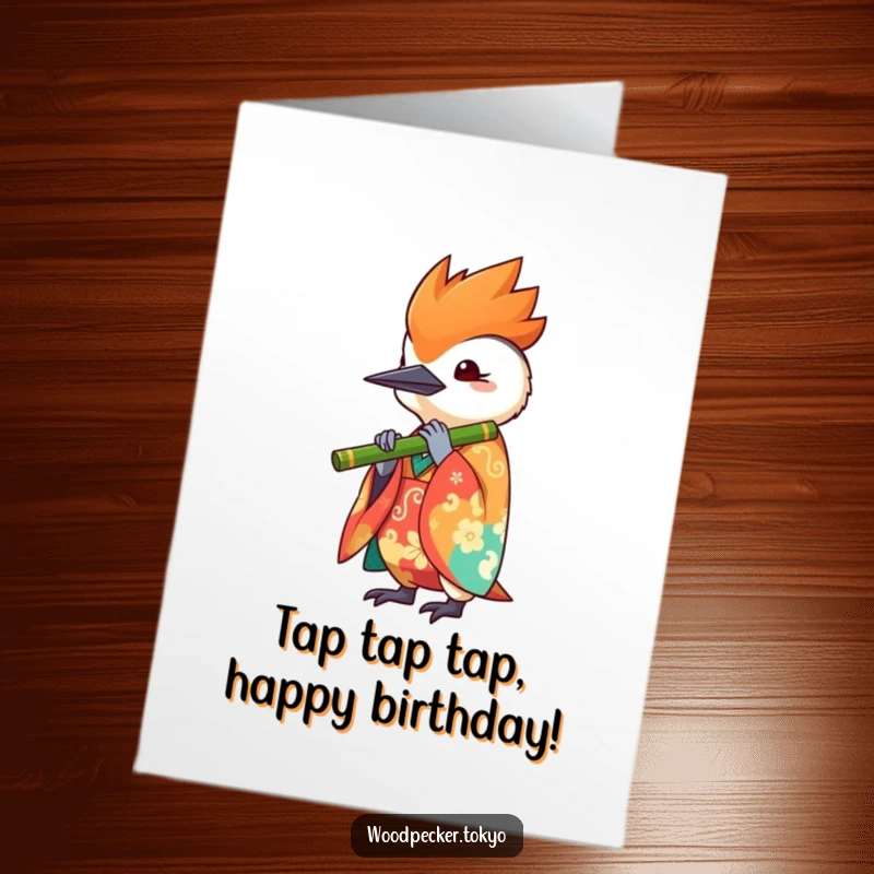 Funny Free Printable Birthday Card featuring a cute kawaii woodpecker in a colorful kimono playing a bamboo flute.