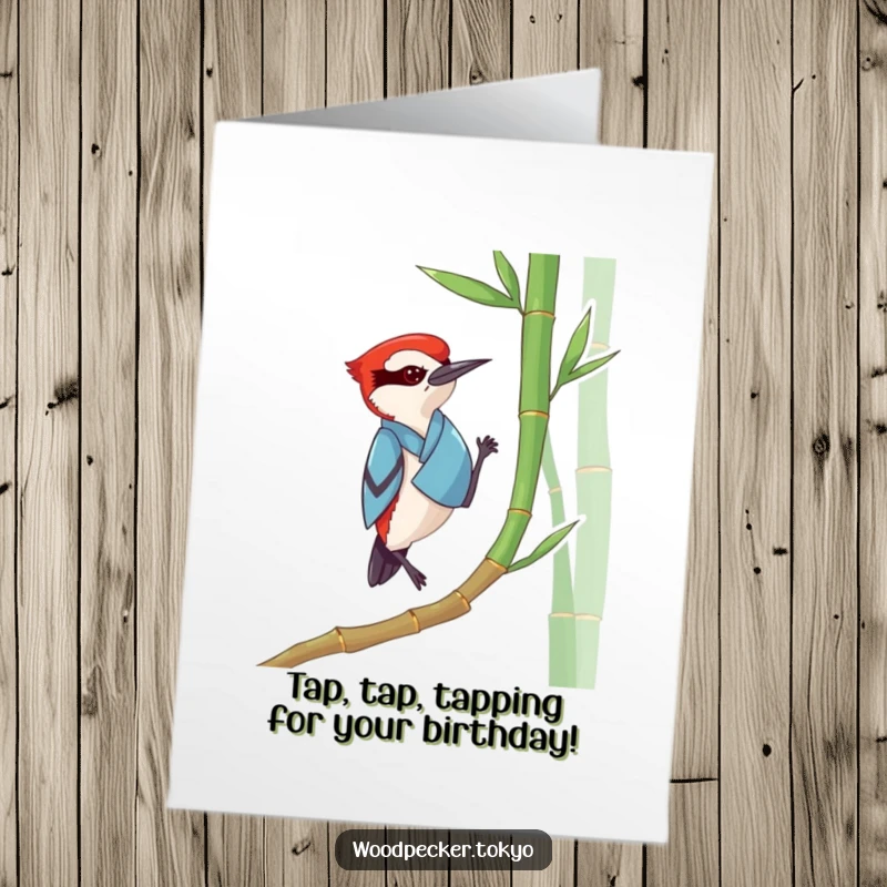 Funny Free Printable Birthday Card features a woodpecker in a blue kimono tapping rhythmically on bamboo, wishing a peaceful birthday.