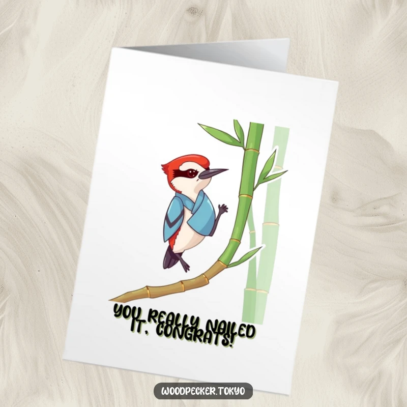 Funny Free Printable Congratulations Card shows a woodpecker in a blue kimono in a zen state, tapping bamboo to celebrate achievements.