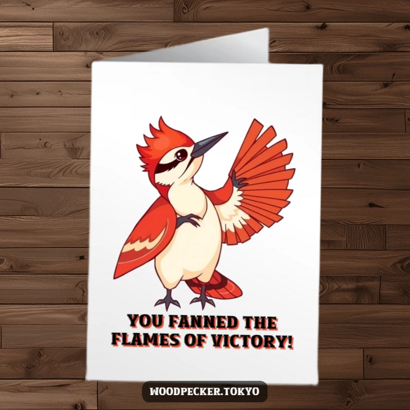 Funny Free Printable Congratulations Card with a woodpecker in a red kimono fanning itself stylishly.