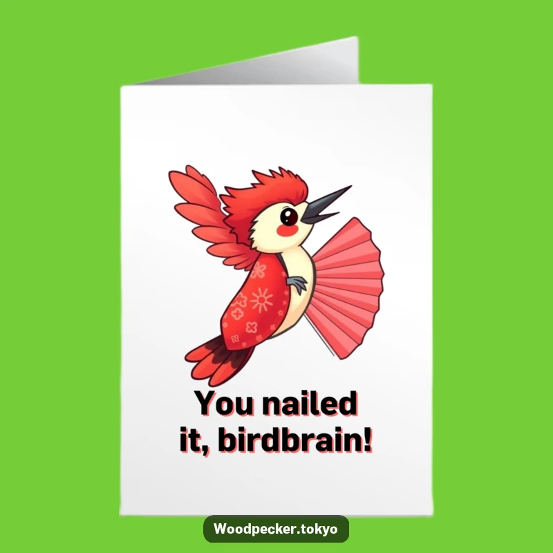 Free Printable Funny Woodpecker Congrats Card: Red Kimono Fan Balance Celebration Downloadable