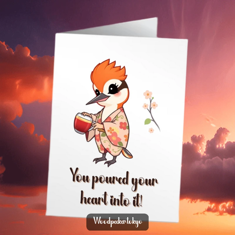 Funny Free Printable Congratulations Card with a woodpecker in a floral kimono pouring tea elegantly.