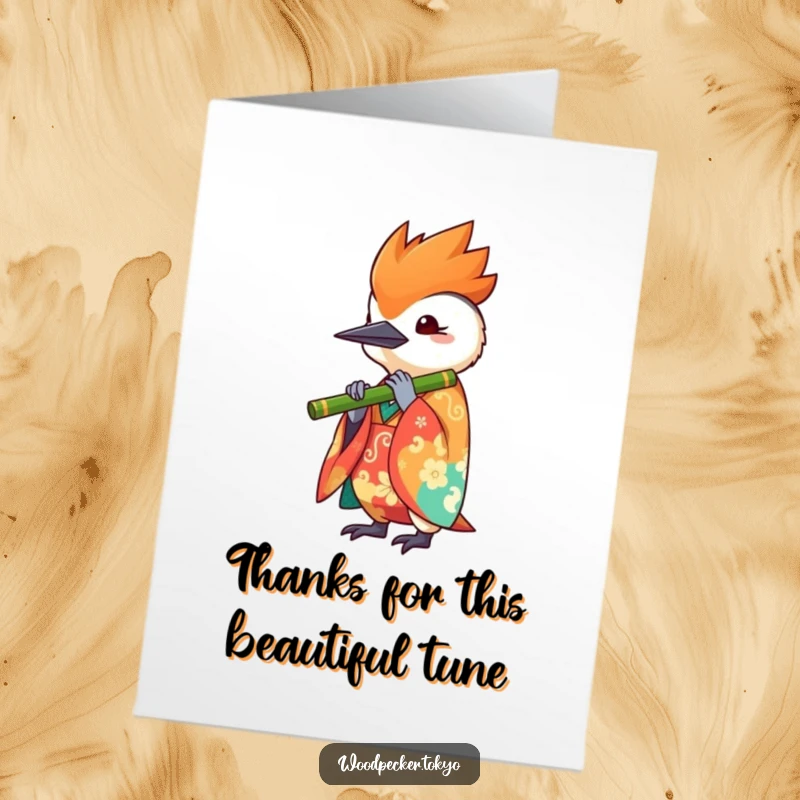 Funny Free Printable Thank You Card with a kawaii woodpecker in a kimono playing a flute serenely.