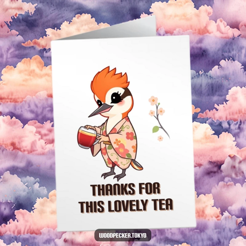 Funny Free Printable Thank You Card showing a woodpecker in a floral kimono pouring tea with a smile.