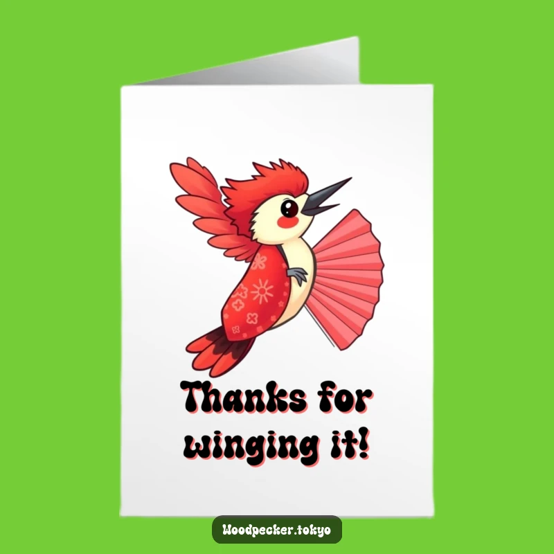 Free Printable Funny Woodpecker Thank You Card: Red Kimono Fan Balance Grateful Downloadable