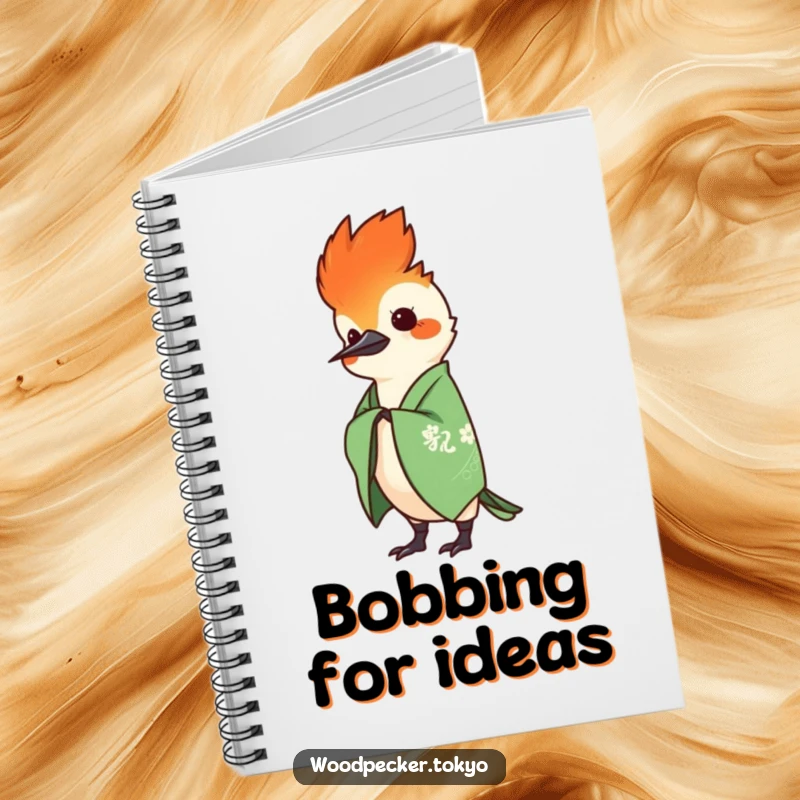 Funny Green Kimono Woodpecker Head Bobbing gracefully, ruled notebook pages. This humorous stationery inspires creativity.
