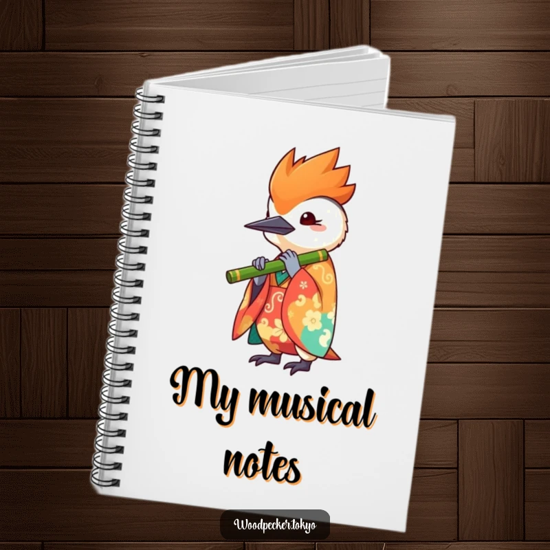 Funny notebook with a kawaii woodpecker playing a bamboo flute on the cover, ideal for journaling and note-taking with a musical theme.