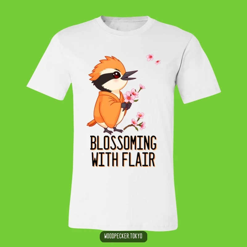 Funny Orange Kimono Woodpecker Cherry Blossom T-Shirt: Elegant and Humorous Bird Tee