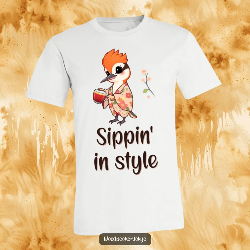 Funny t-shirt featuring a cheerful woodpecker in a floral kimono carefully pouring tea, capturing a moment of serene hospitality.