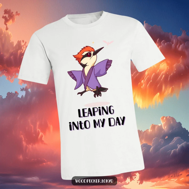 Funny Purple Kimono Woodpecker Leaping with excitement, sleeves in motion. This humorous t-shirt captures a dynamic moment.