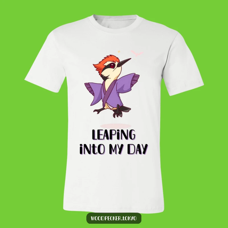 Funny Purple Kimono Woodpecker Leaping T-Shirt: Comical Bird Action Apparel