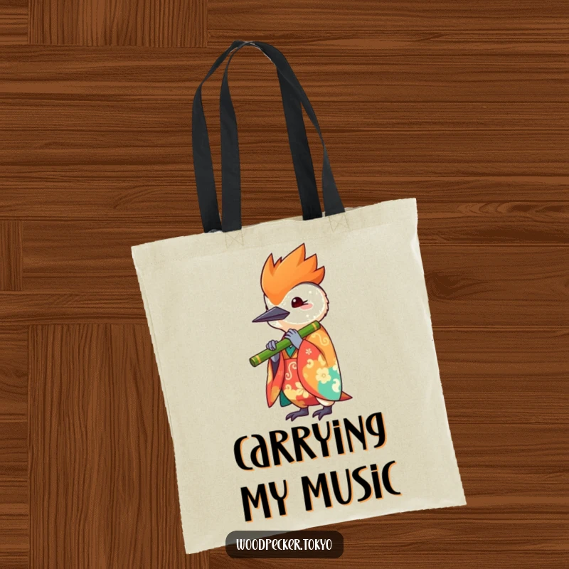 Funny tote bag featuring a kawaii woodpecker in a vibrant kimono, playing a bamboo flute, perfect for carrying items with musical style.