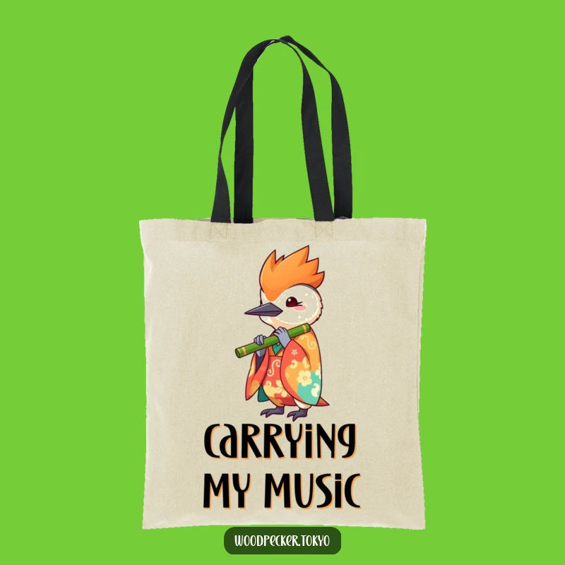 Funny Kawaii Woodpecker Flute Tote Bag - Vibrant Kimono Bird Carryall