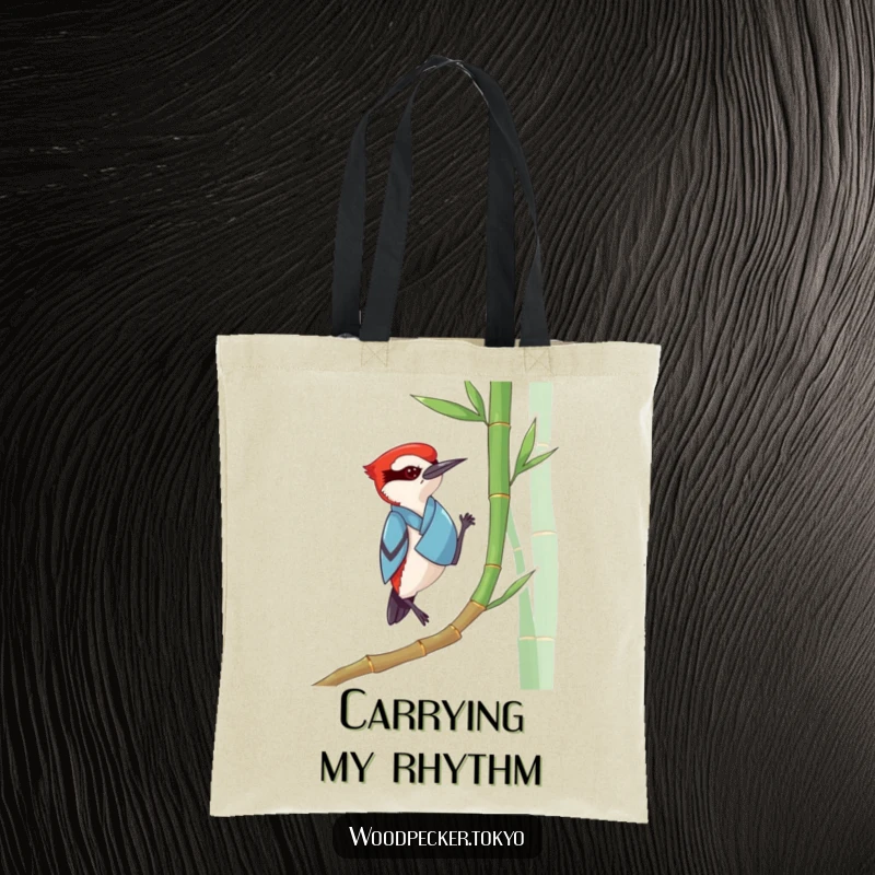 Funny Woodpecker Kimono Tote Bag: A charming tote featuring a woodpecker in a kimono tapping bamboo, bringing artistic flair and humor.