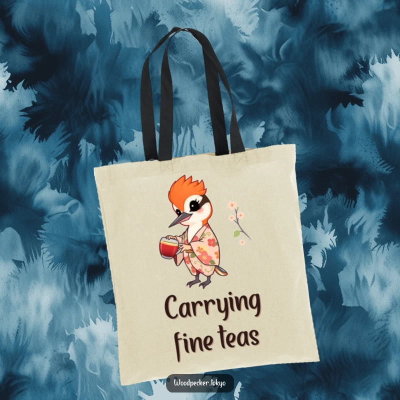 Funny tote bag featuring a cheerful woodpecker in a floral kimono pouring tea, perfect for carrying items with grace and artistic flair.